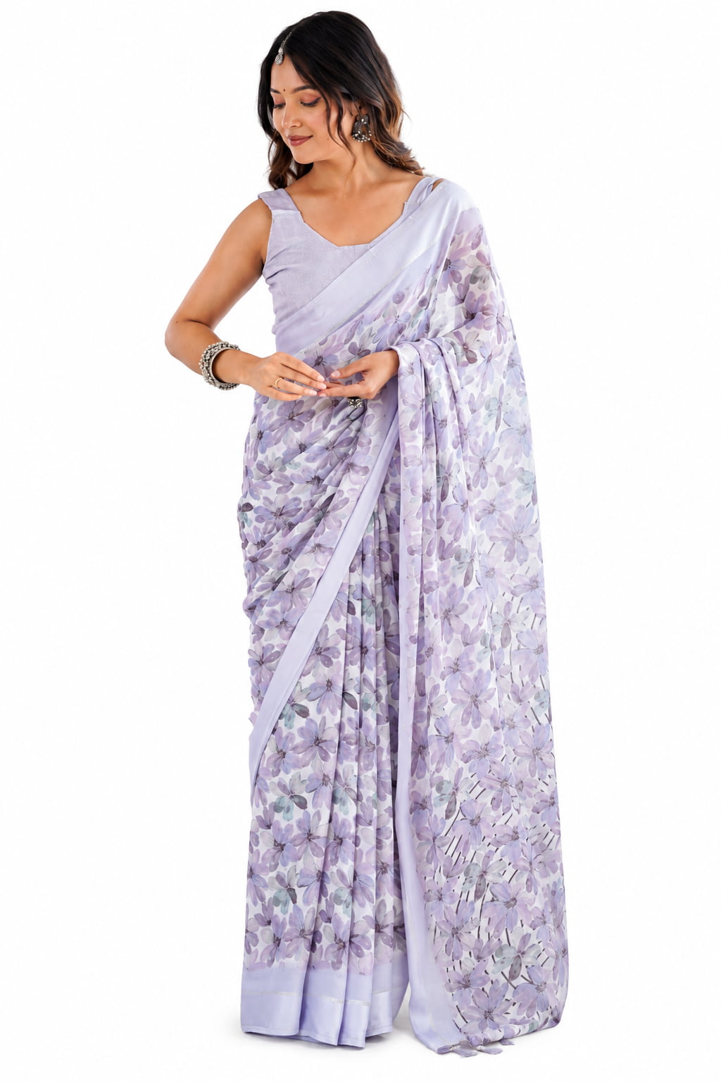 Lavender Purple Floral Georgette Saree with Woven Border - Front View