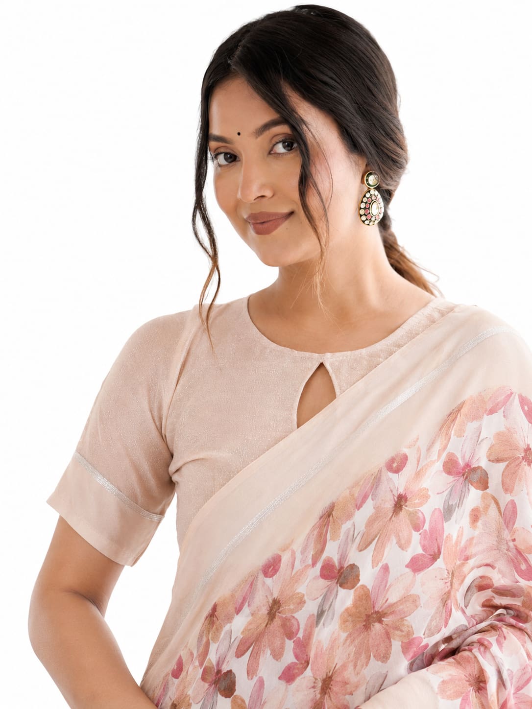 Blush Peach Floral Georgette Saree with Woven Border - Detail View 2