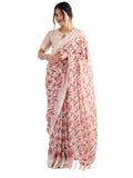 Blush Peach Floral Georgette Saree with Woven Border - Front View