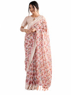 Blush Peach Floral Georgette Saree with Woven Border - Front View