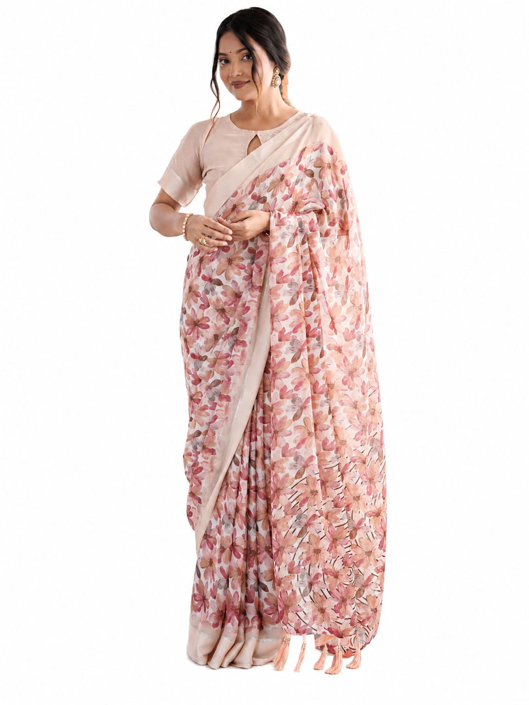 Blush Peach Floral Georgette Saree with Woven Border - Front View