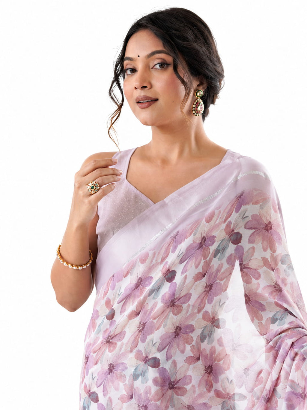 Rose Pink Floral Georgette Saree with Woven Border - Detail View 2