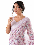 Rose Pink Floral Georgette Saree with Woven Border - Detail View 2