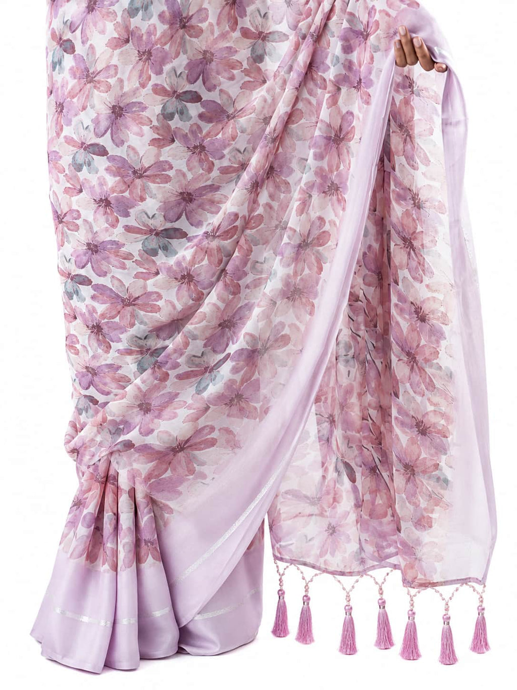 Rose Pink Floral Georgette Saree with Woven Border - Detail View 3