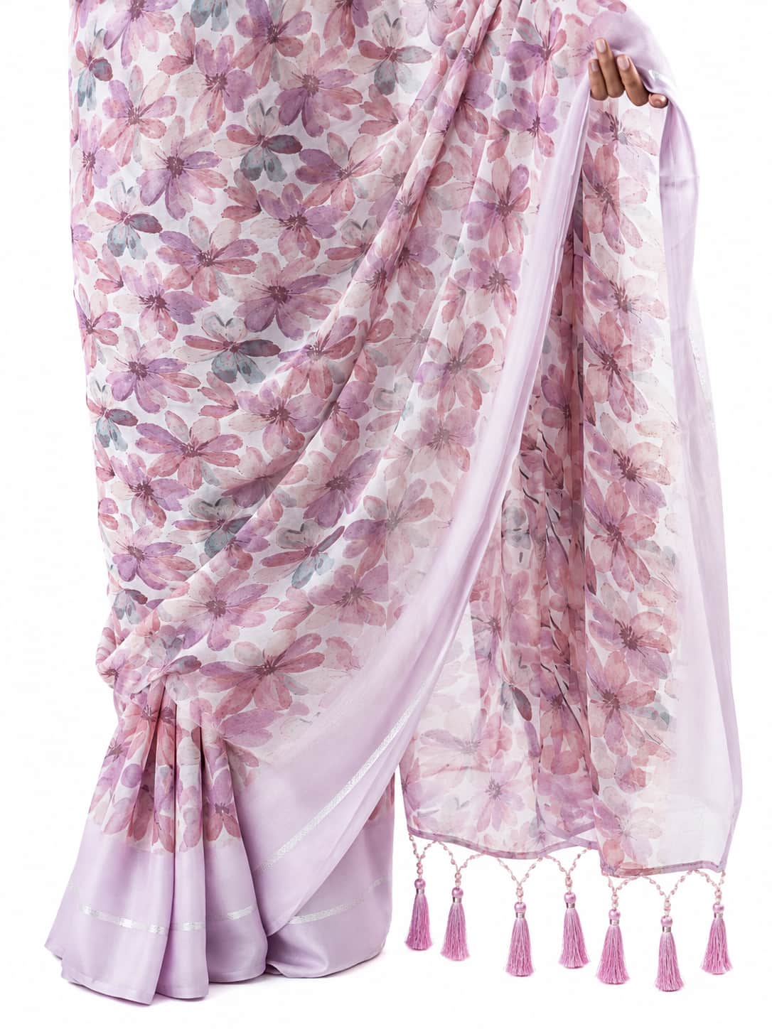 Rose Pink Floral Georgette Saree with Woven Border - Detail View 3
