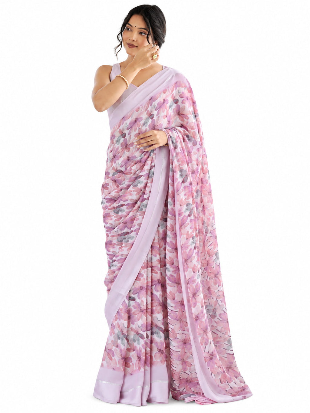 Rose Pink Floral Georgette Saree with Woven Border - Front View