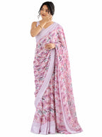 Rose Pink Floral Georgette Saree with Woven Border - Front View