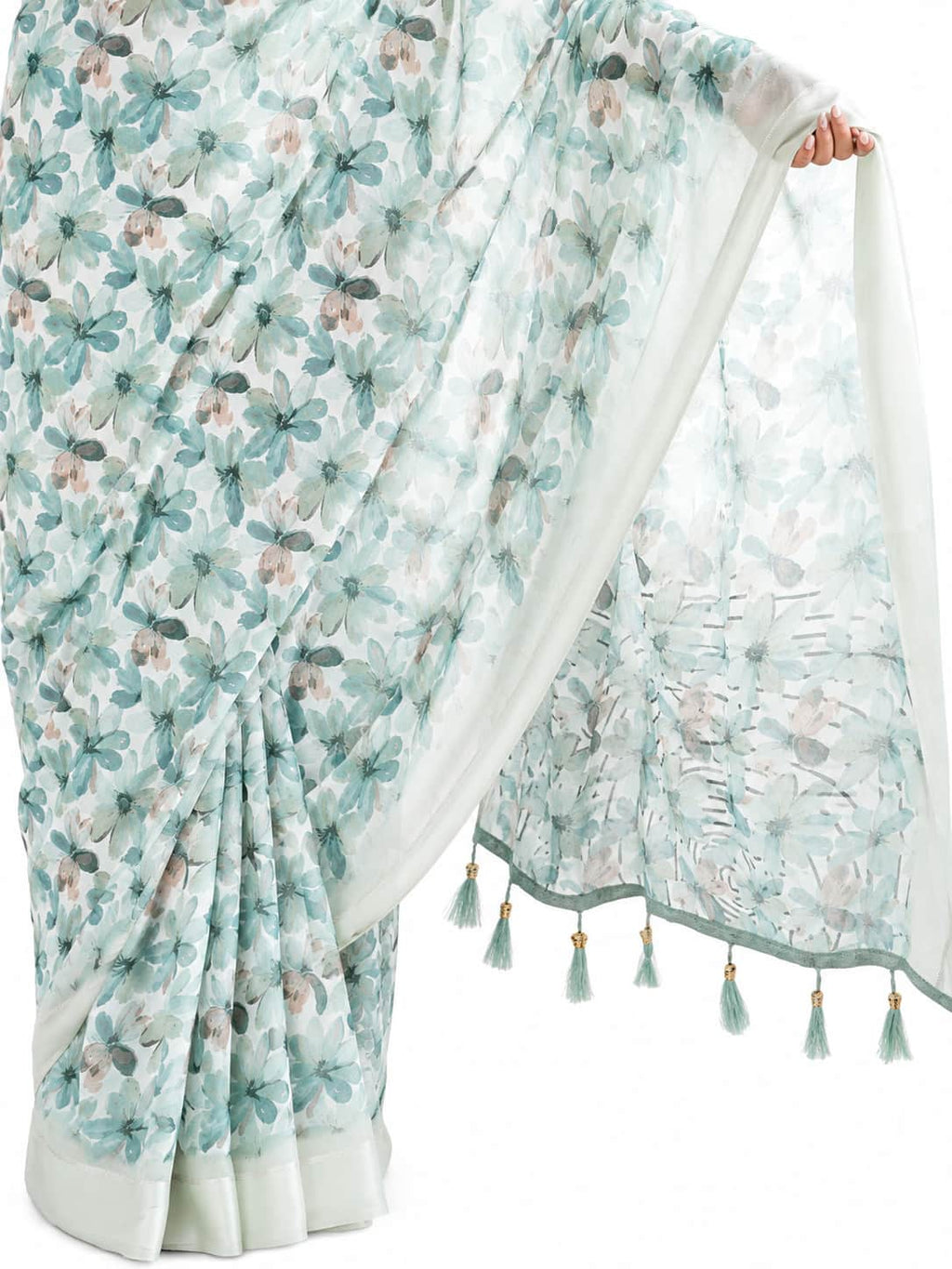 Pista Mint Green Floral Georgette Saree with Woven Border - Detail View 3