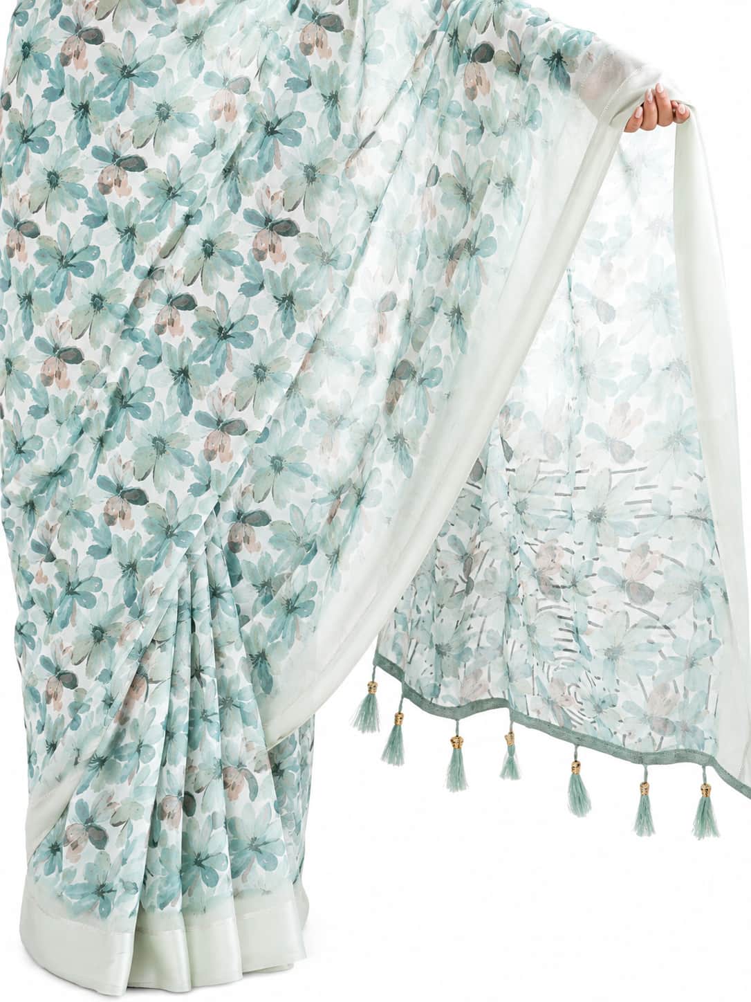 Pista Mint Green Floral Georgette Saree with Woven Border - Detail View 3