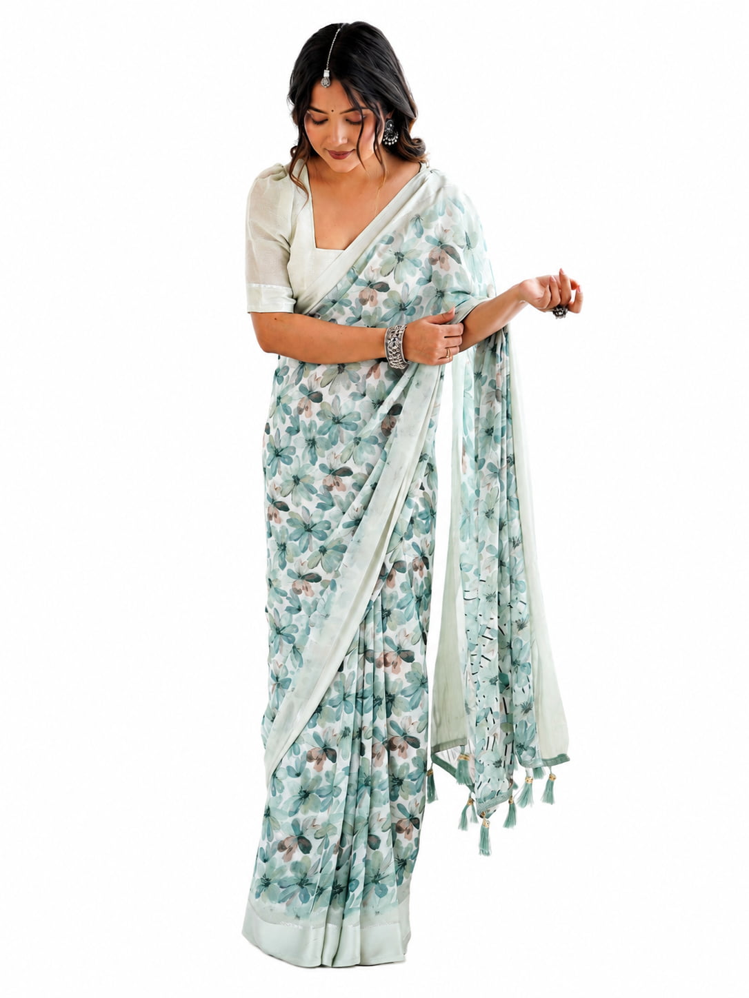 Pista Mint Green Floral Georgette Saree with Woven Border - Front View