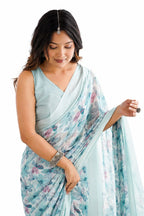Sky Blue Floral Georgette Saree with Woven Border - Detail View 2