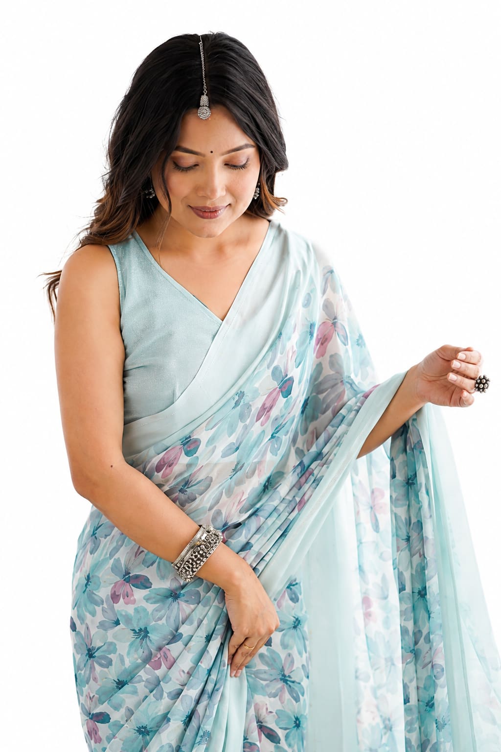 Sky Blue Floral Georgette Saree with Woven Border - Detail View 2