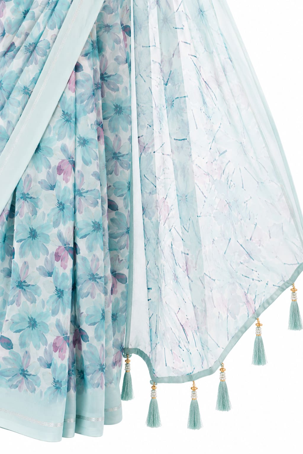 Sky Blue Floral Georgette Saree with Woven Border - Detail View 3