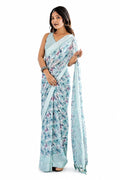 Sky Blue Floral Georgette Saree with Woven Border