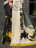 Black & Off-White Abstract Malai Crepe Silk Saree - Detail View 2