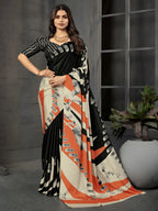 Black & Rust Geometric Malai Crepe Silk Saree - Front View