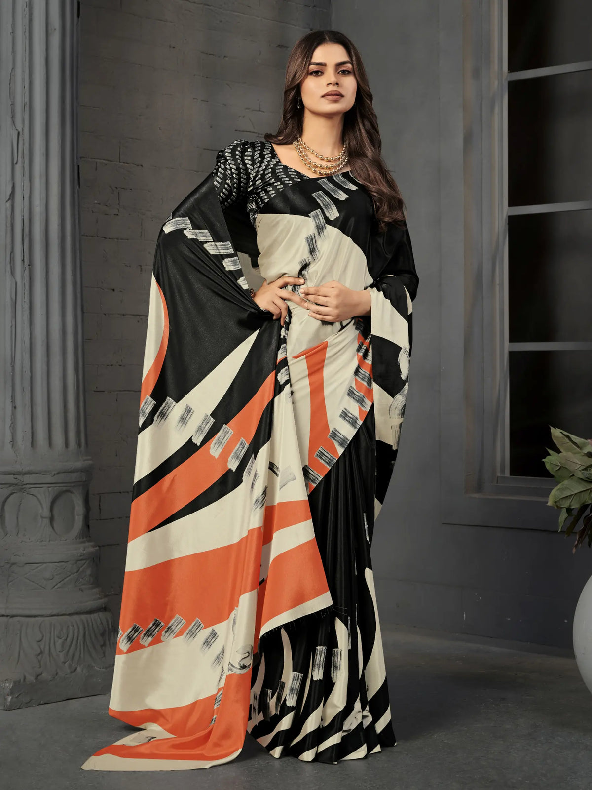 Black & Rust Geometric Malai Crepe Silk Saree - Detail View 4