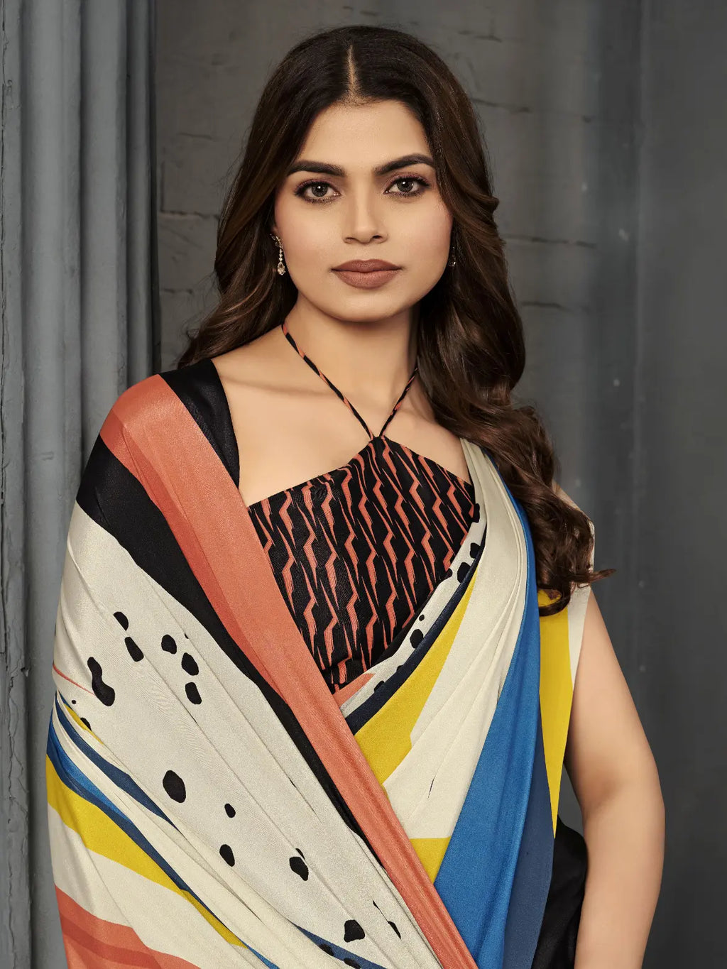 Multi Colorblock Geometric Malai Crepe Silk Saree - Detail View 4