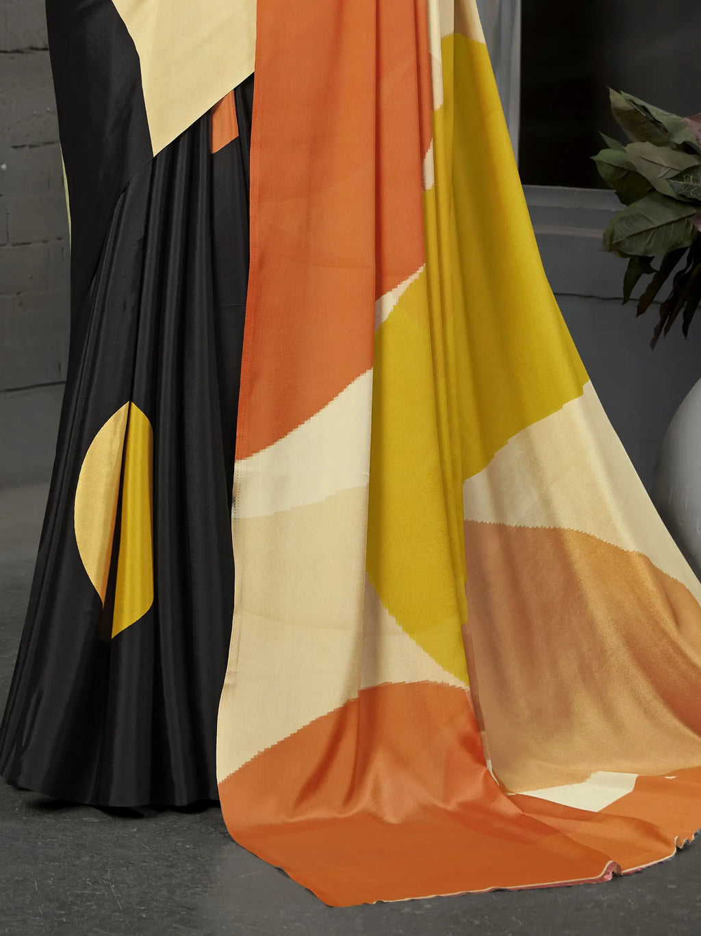 Black & Rust Half-and-Half Malai Crepe Silk Saree - Front View