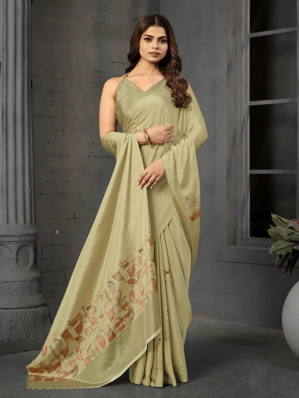 Pista Sage Green Malai Crepe Silk Saree - Front View