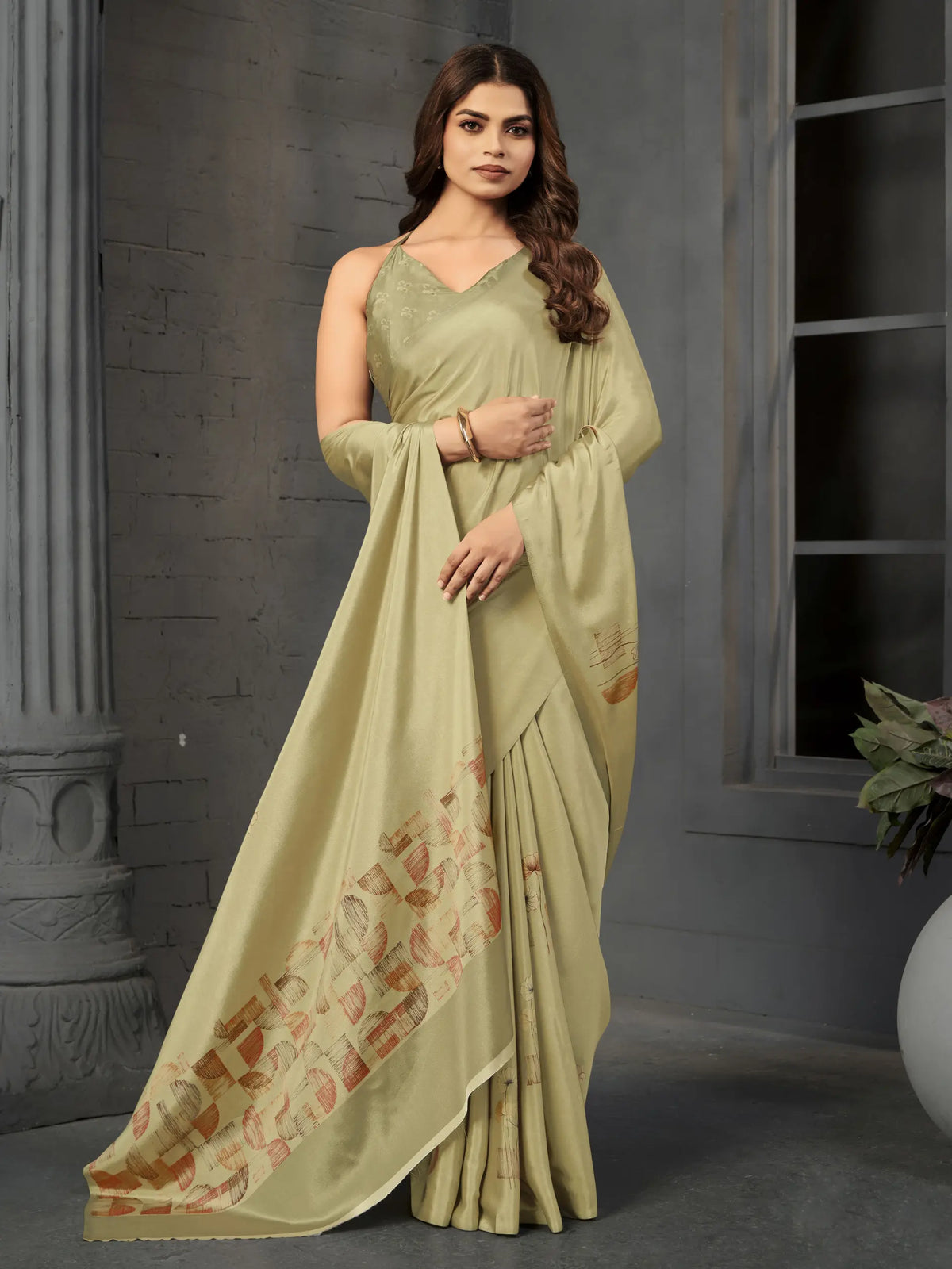 Pista Sage Green Malai Crepe Silk Saree - Front View