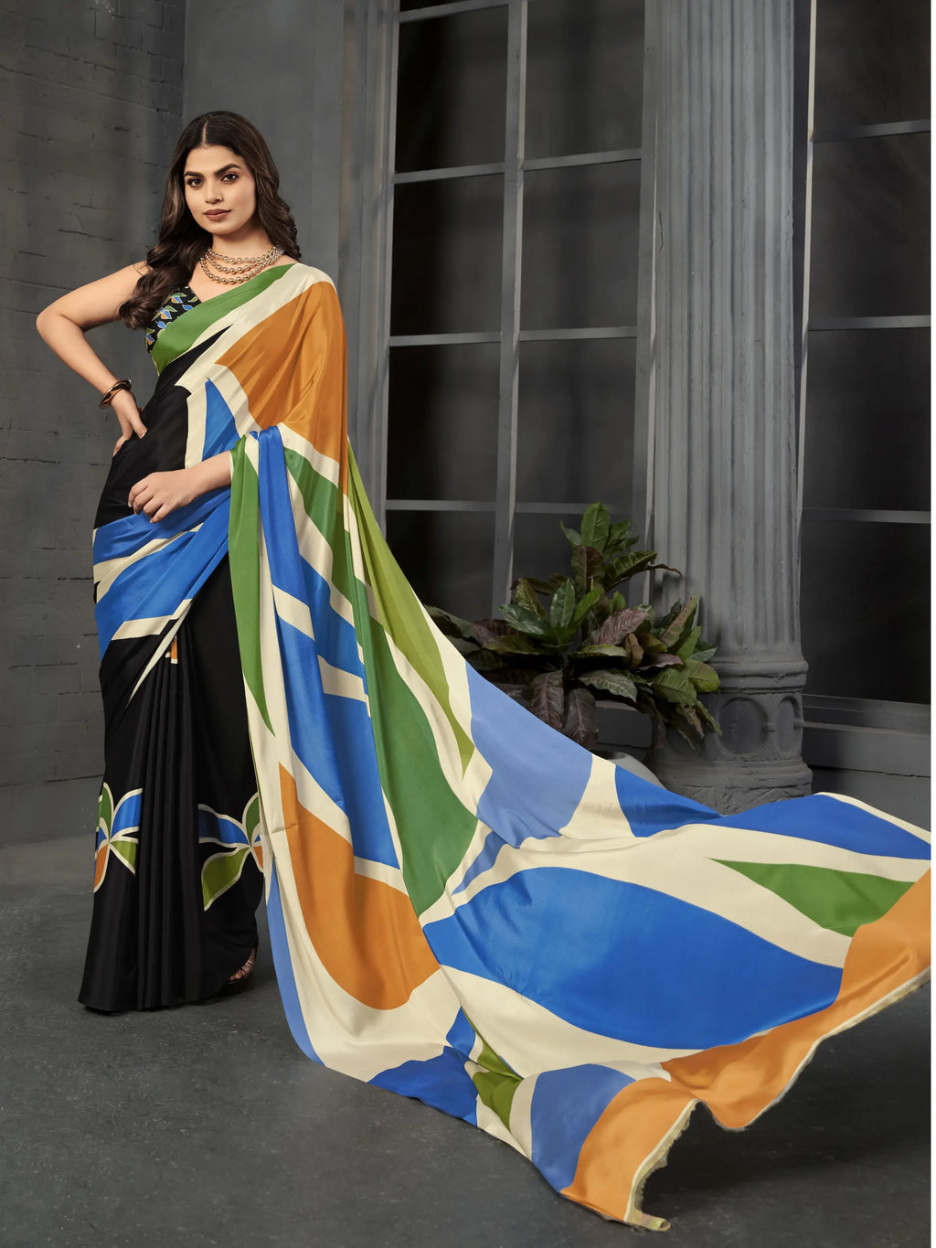 Royal Blue & Green Colorblock Malai Crepe Silk Saree - Front View