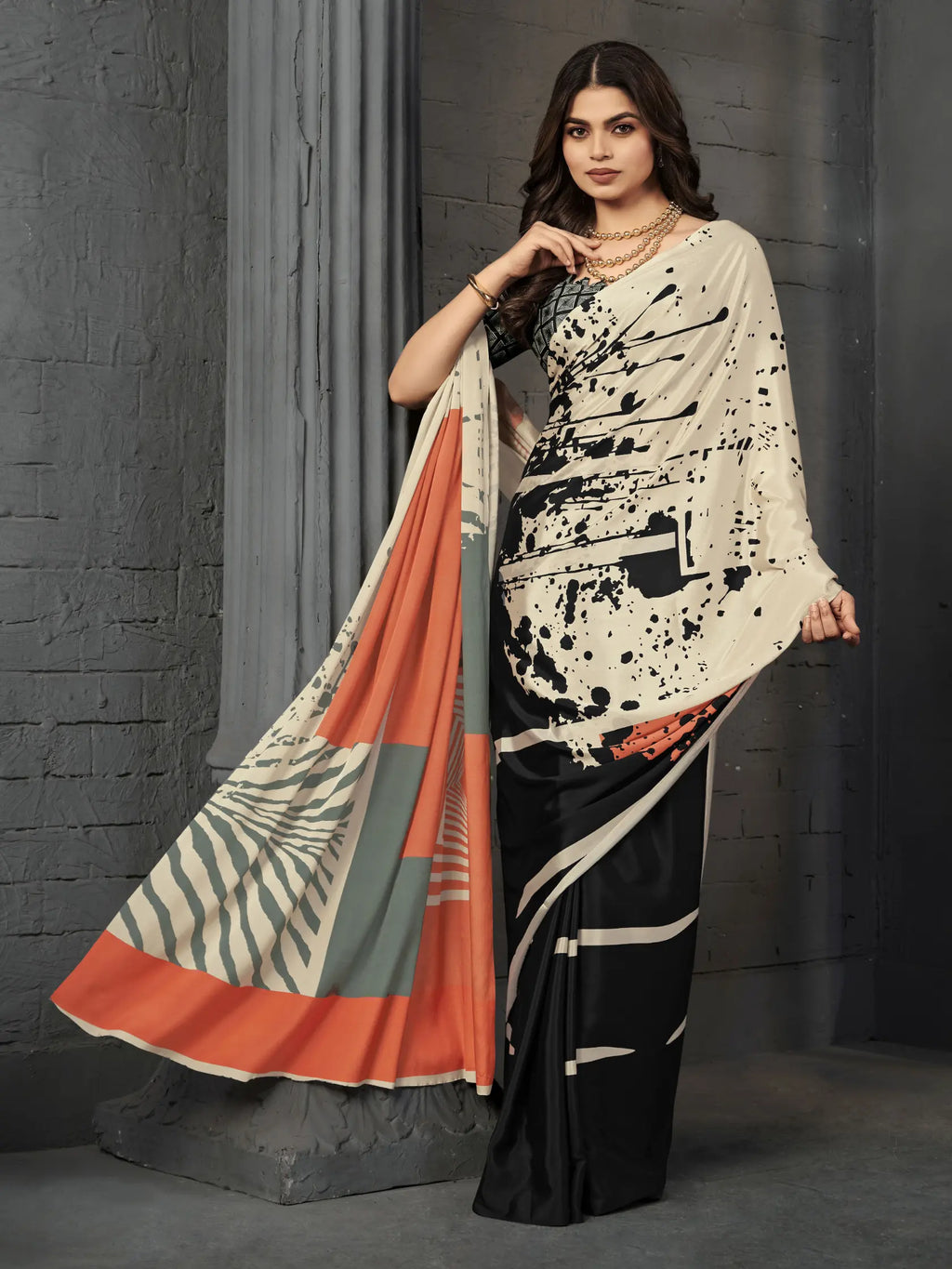 Black & Terracotta Geometric Malai Crepe Silk Saree - Detail View 2