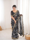 Black Floral Marble Patta Saree with Embroidery Border