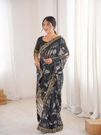 Black Floral Marble Patta Saree with Embroidery Border - Detail View 2