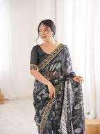 Black Floral Marble Patta Saree with Embroidery Border - Detail View 4
