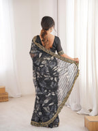 Black Floral Marble Patta Saree with Embroidery Border - Detail View 5