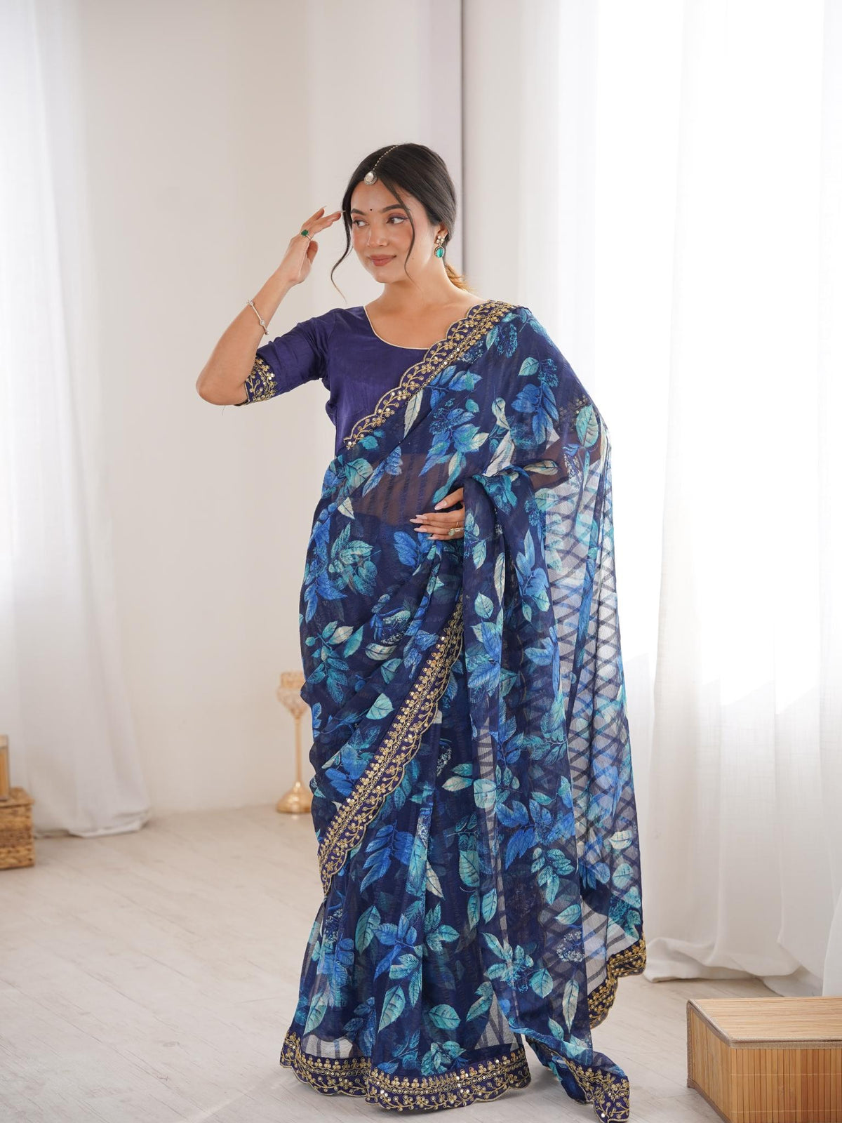 Royal Blue Floral Marble Patta Saree with Embroidery Border - Front View