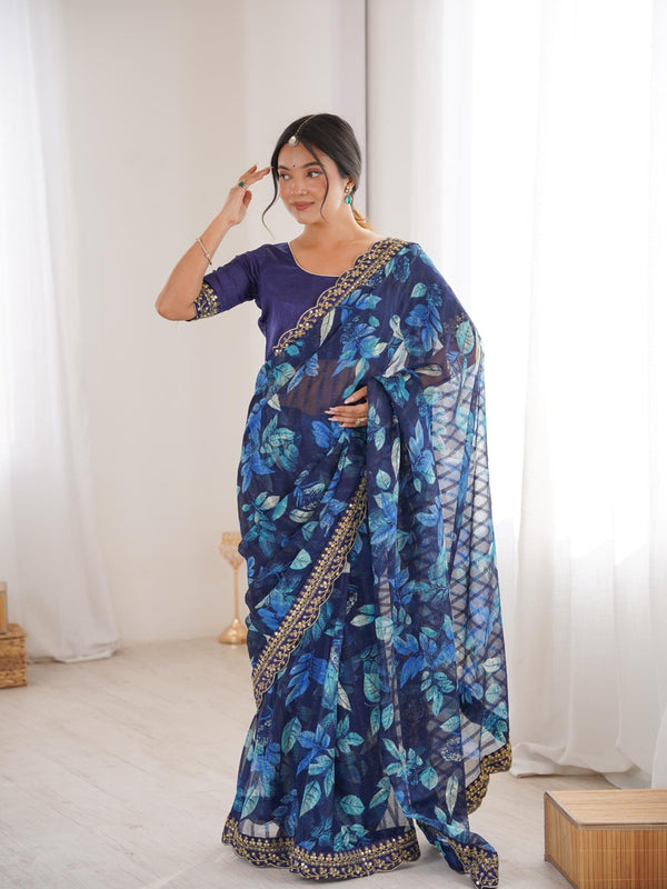 Royal Blue Floral Marble Patta Saree with Embroidery Border - Front View