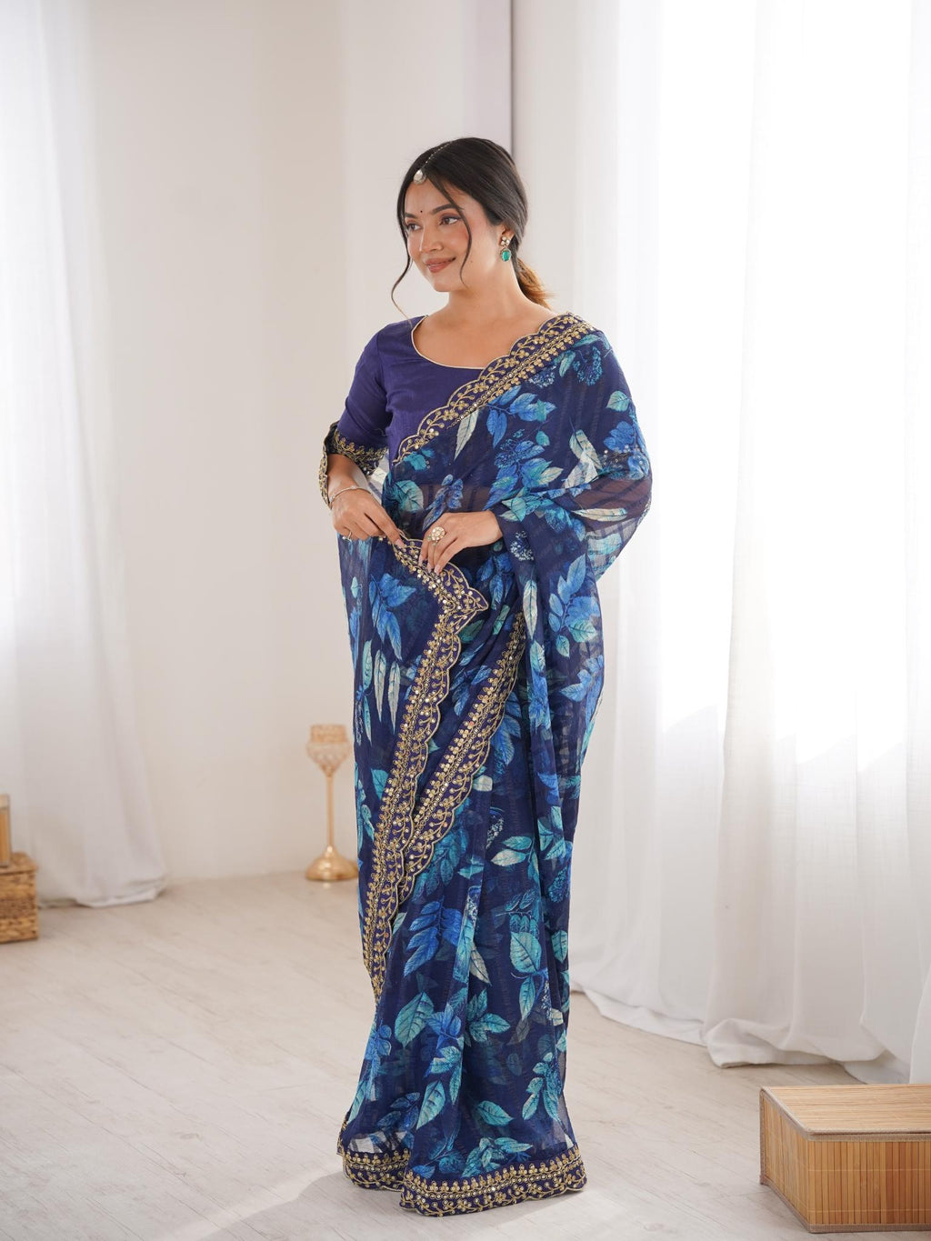Royal Blue Floral Marble Patta Saree with Embroidery Border - Detail View 2