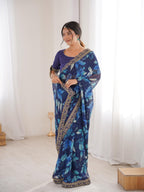 Royal Blue Floral Marble Patta Saree with Embroidery Border - Detail View 2