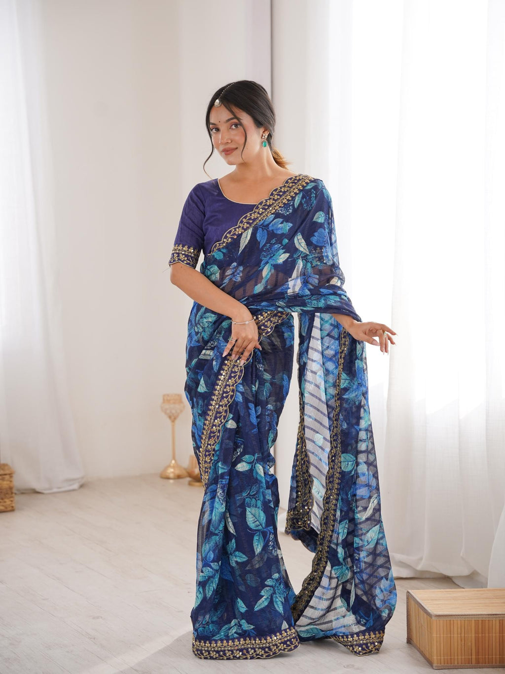 Royal Blue Floral Marble Patta Saree with Embroidery Border - Detail View 3