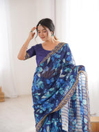Royal Blue Floral Marble Patta Saree with Embroidery Border - Detail View 4