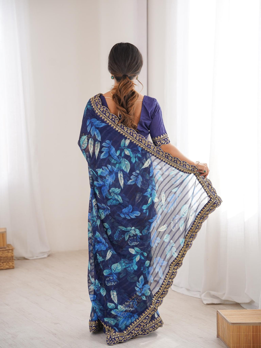 Royal Blue Floral Marble Patta Saree with Embroidery Border - Detail View 5