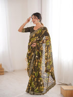 Mehndi Green Floral Marble Patta Saree with Embroidery Border - Detail View 2