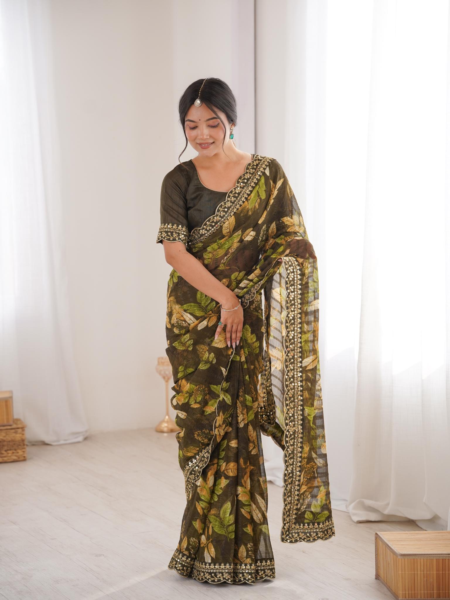 Mehndi Green Floral Marble Patta Saree with Embroidery Border - Detail View 3