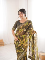 Mehndi Green Floral Marble Patta Saree with Embroidery Border - Detail View 4