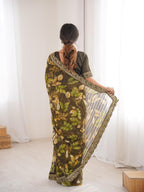Mehndi Green Floral Marble Patta Saree with Embroidery Border - Detail View 5