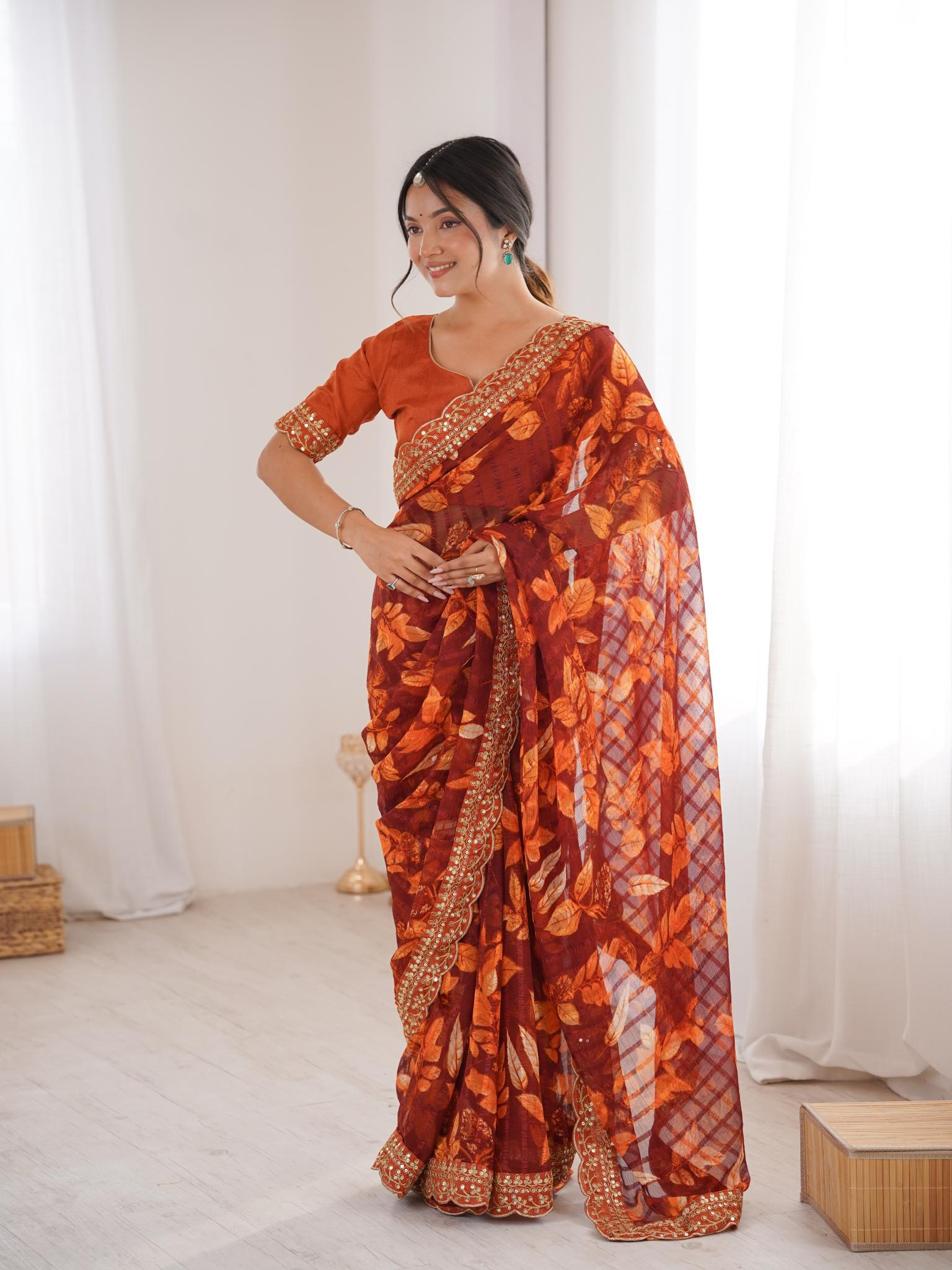 Tangerine Orange Floral Marble Patta Saree with Embroidery Border - Front View