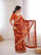Tangerine Orange Floral Marble Patta Saree with Embroidery Border - Detail View 2