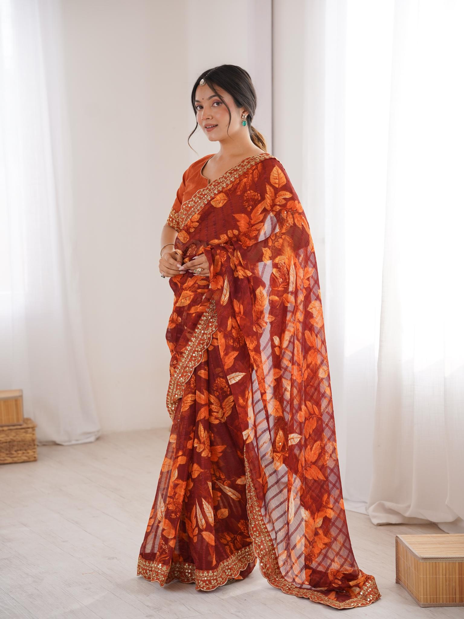 Tangerine Orange Floral Marble Patta Saree with Embroidery Border - Detail View 3