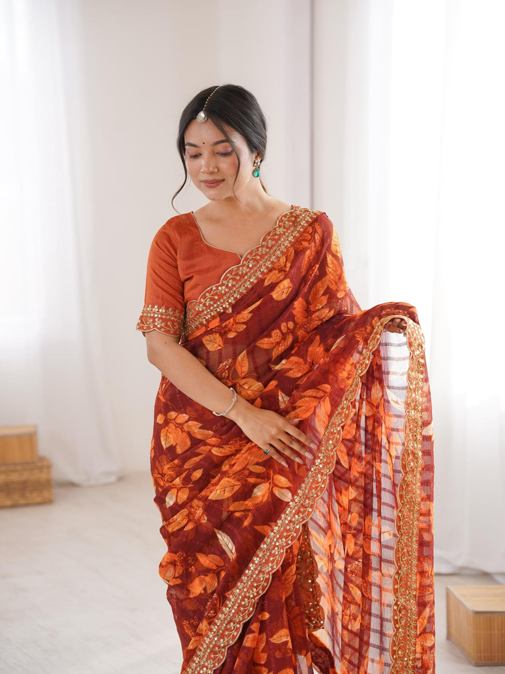 Tangerine Orange Floral Marble Patta Saree with Embroidery Border - Detail View 4