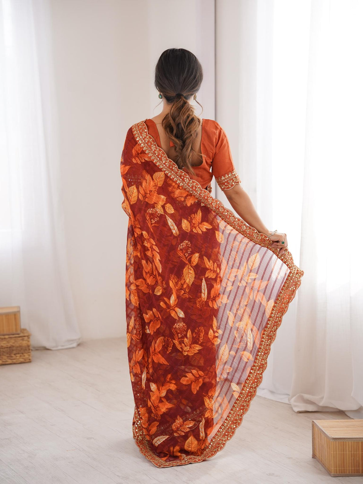 Tangerine Orange Floral Marble Patta Saree with Embroidery Border - Detail View 5