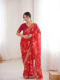 Crimson Red Floral Marble Patta Saree with Embroidery Border