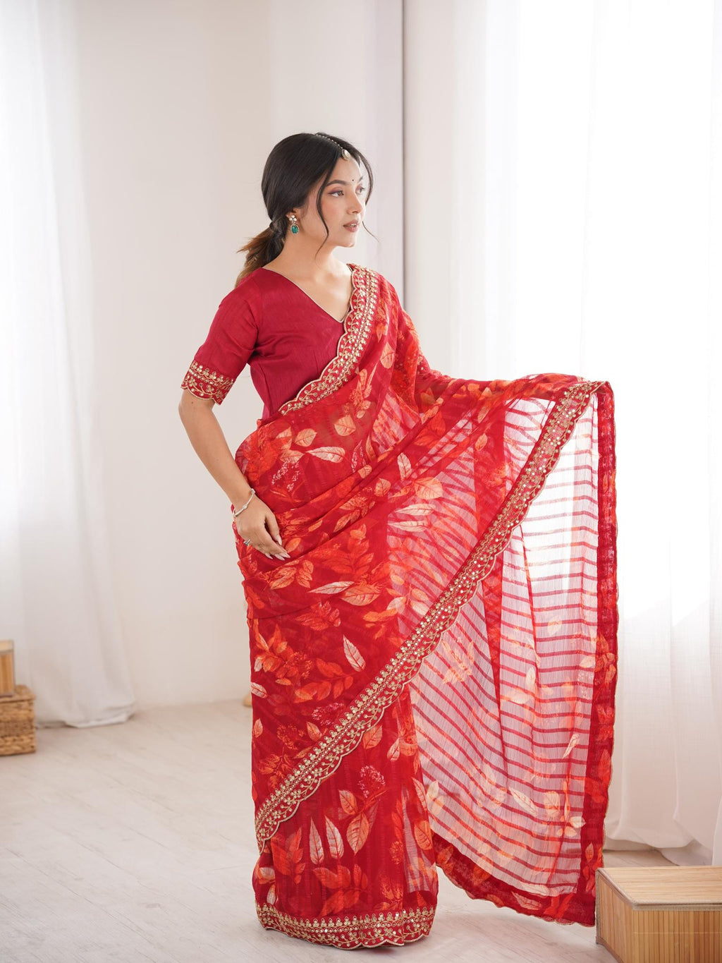 Crimson Red Floral Marble Patta Saree with Embroidery Border - Detail View 2