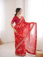 Crimson Red Floral Marble Patta Saree with Embroidery Border - Detail View 2